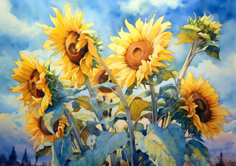 白天夏日黄色向日葵花田盛开天气晴朗水彩背景,插画/手绘图,插画/手绘图库,插画/手绘图下载,插画/手绘
